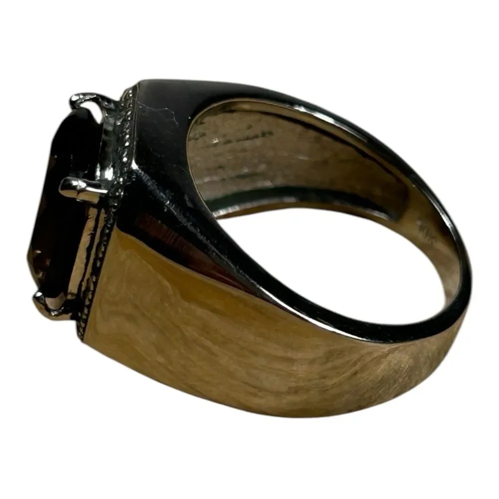 Smoky Quartz Style Cushion Cut Mens Ring Silver Gold Two-Tone Size 9.75